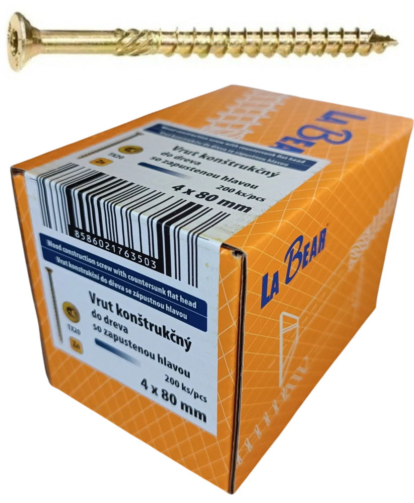 Konštrukčná skrutka TORX 4x80 mm – žltý zinok, 200 ks